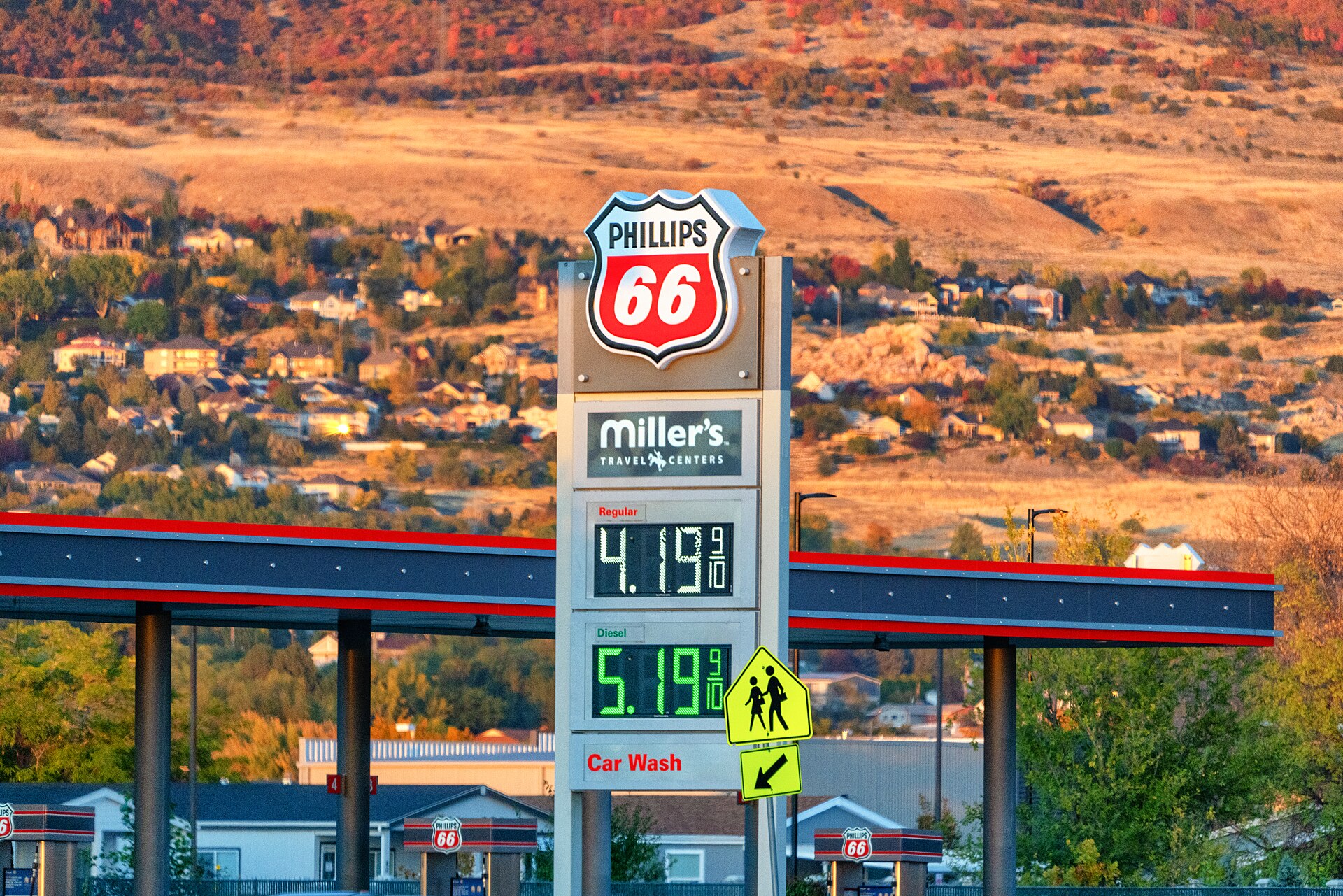 A gas station showing fuel prices